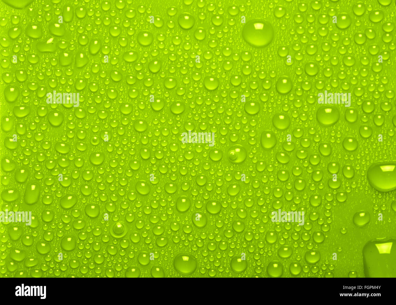 Gocce di acqua su sfondo verde Foto Stock