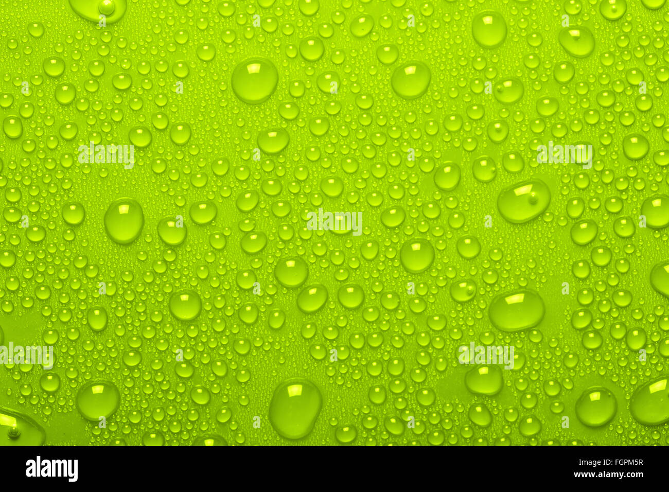 Gocce di acqua su sfondo verde Foto Stock