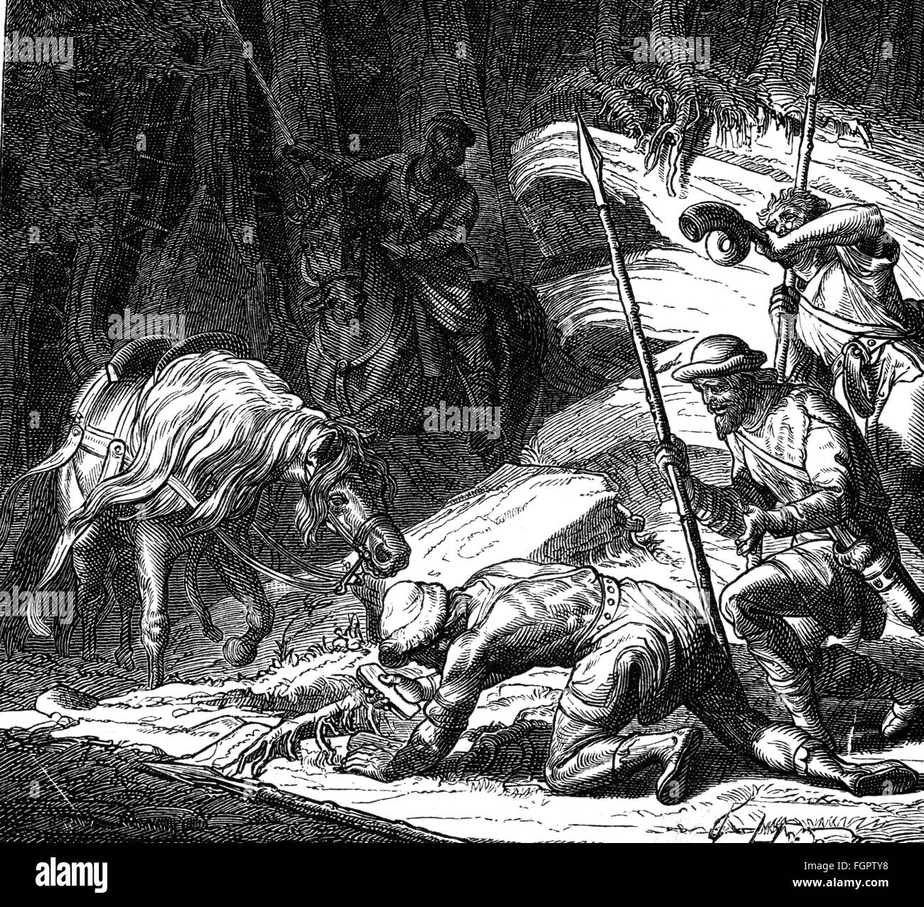 Estrazione, argento, leggenda della scoperta dell'argento sul monte Rammelsberg vicino a Goslar, incisione in legno, dopo disegno di Friedrich Hottenroth, XIX secolo, Medioevo, scoperta, caso, coincidenza, vena d'argento, cavallo, cavalli, seguaci, imperatore otto i, Sacro Romano Impero, X secolo, lancia, lance, lancia, lancia, lancia, lancia, metallo, metalli, storico, Trova, medievale, persone, diritti-aggiuntivi-clearences-non disponibile Foto Stock