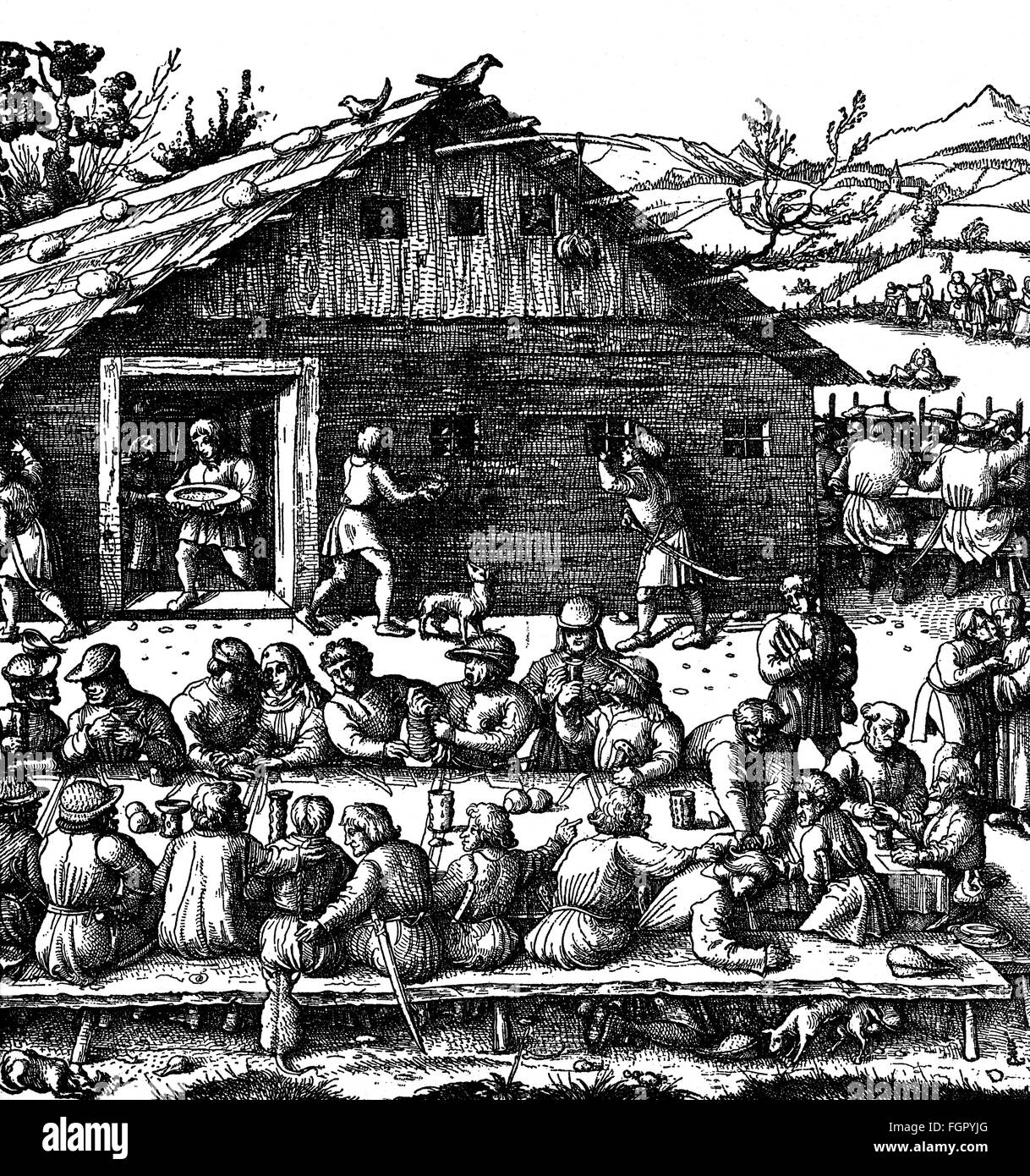 Gastronomia, pasti, festa alla kermesse di contadini, di Daniel Hopfer um (1470 - 1536), incisione su rame, 1533 / 1536, artista del diritto d'autore non deve essere cancellata Foto Stock