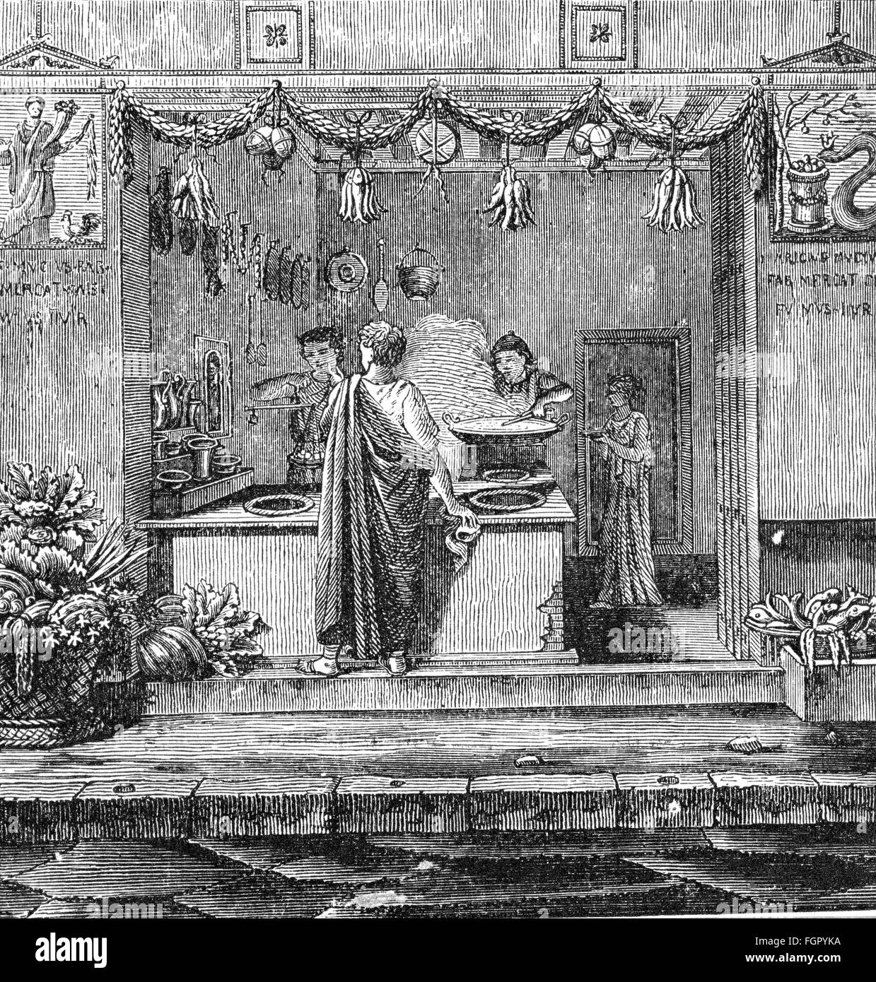 Antico mondo, Impero Romano, cucina romana, Pompei, dopo Johannes Overbeck (1826 - 1895), incisione in legno, 19 ° secolo, da: Richard Opitz, la vita domestica dei greci e romani, Lipsia, 1894, diritti aggiuntivi-clearences-non disponibile Foto Stock