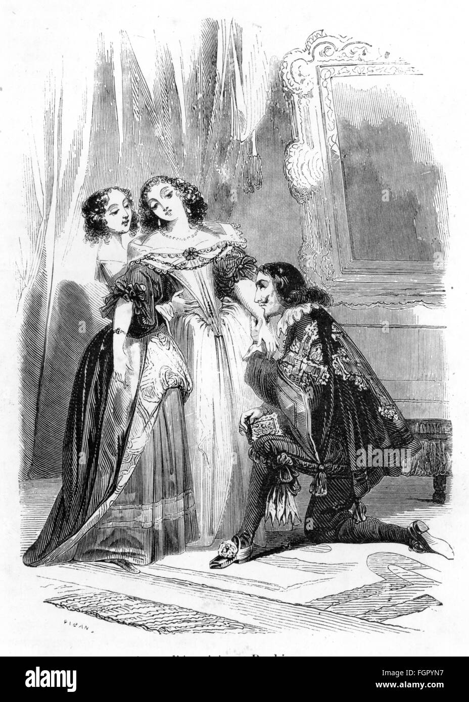 Letteratura, 'i tre moschettieri' (Les Trois Mousquetaires), di Alexandre Dumas il Vecchio, 12° capitolo, Anna d'Austria e Buckingham, incisione del legno di Pican, Dufour et Moulat, Parigi, 1851, diritti aggiuntivi-clearences-non disponibile Foto Stock