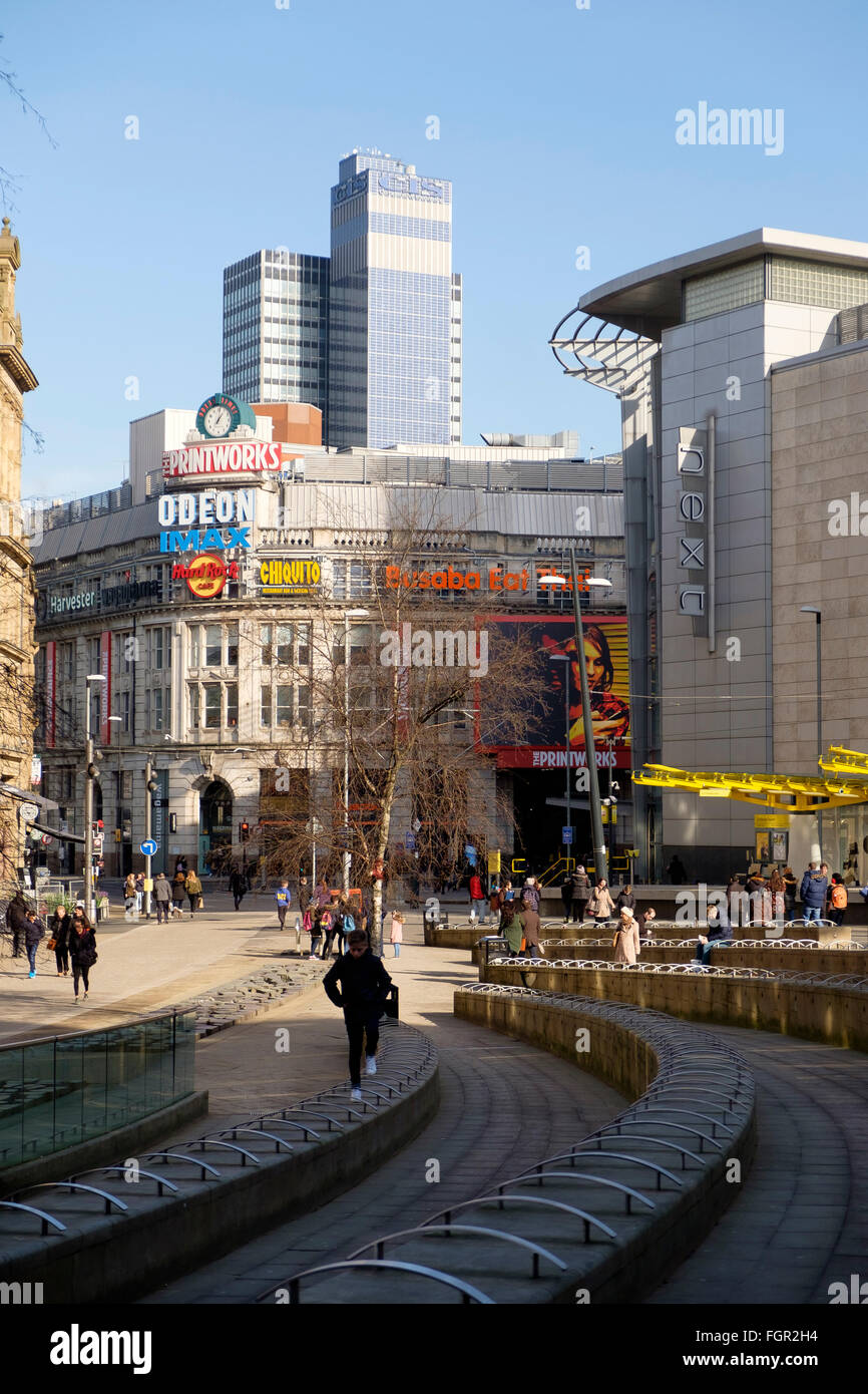 Manchester, Regno Unito - 16 Febbraio 2016: Exchange Square e Printworks Foto Stock