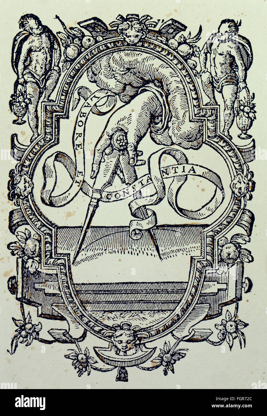 Tecnica, stampa letterale, marchio dell'editore, officina Plantiniana, taglio a legna, 13,9 x 8,9 cm, Anversa, 1595, diritti-aggiuntivi-non-disponibili Foto Stock