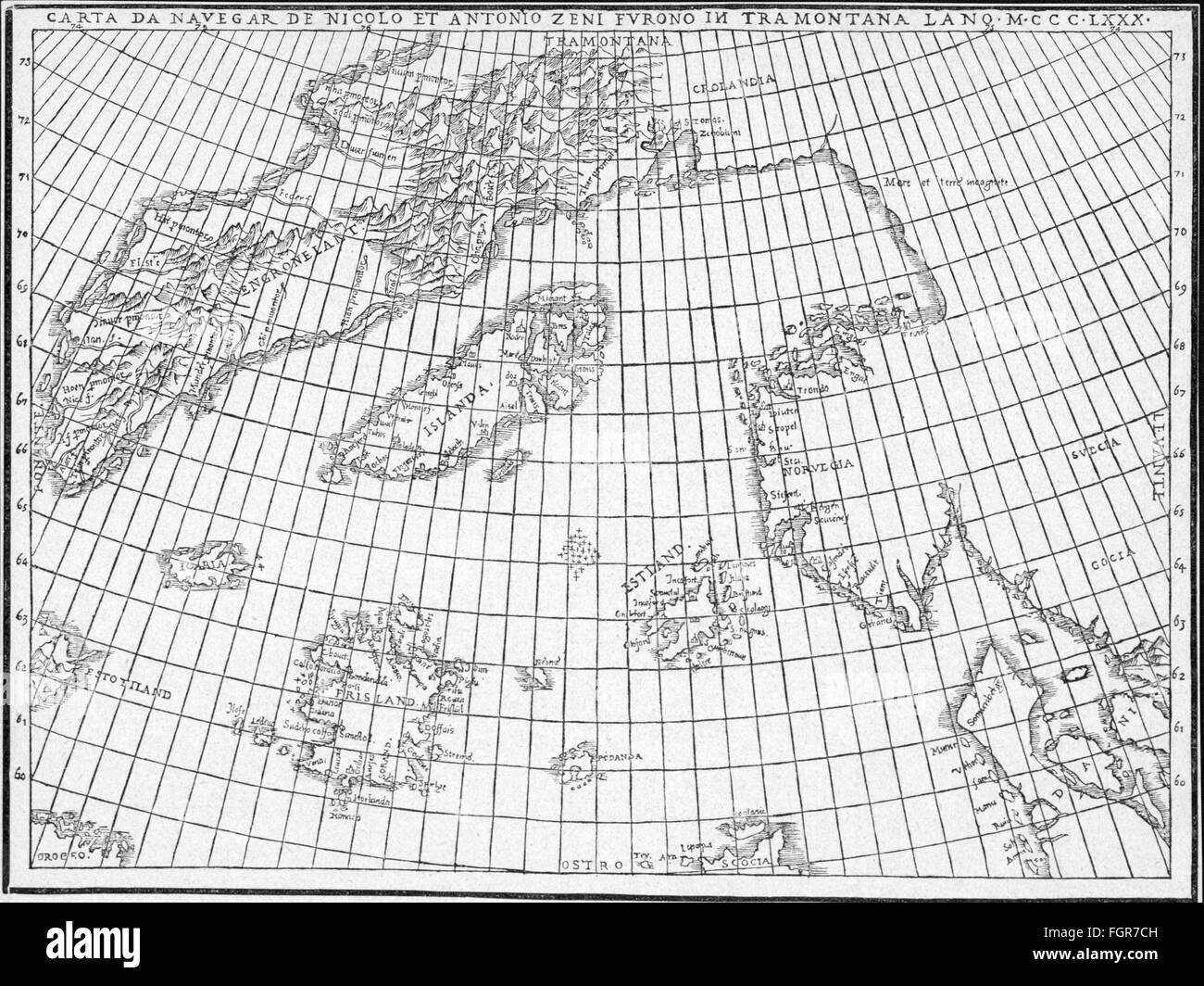 Cartografia, carta mare, Nord Atlantico, presunta mappa dei fratelli Zeno dal 1380, edita da Nicolo Zeno, Venezia, 1558, incisione in legno agli "Annali dei Voyages dei fratelli Zeno" di Fred M. Lucas, Londra, 1898, diritti aggiuntivi-clearences-not available Foto Stock
