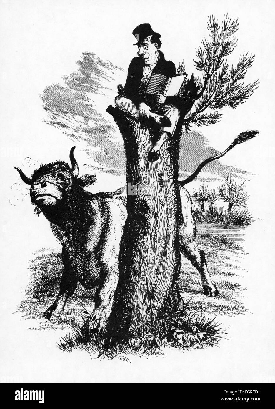 Caricatura, uomo seduto su un albero che guarda una mucca, disegno di Robert Seymour (1798 - 1836), circa 1835, diritti aggiuntivi-clearences-non disponibile Foto Stock