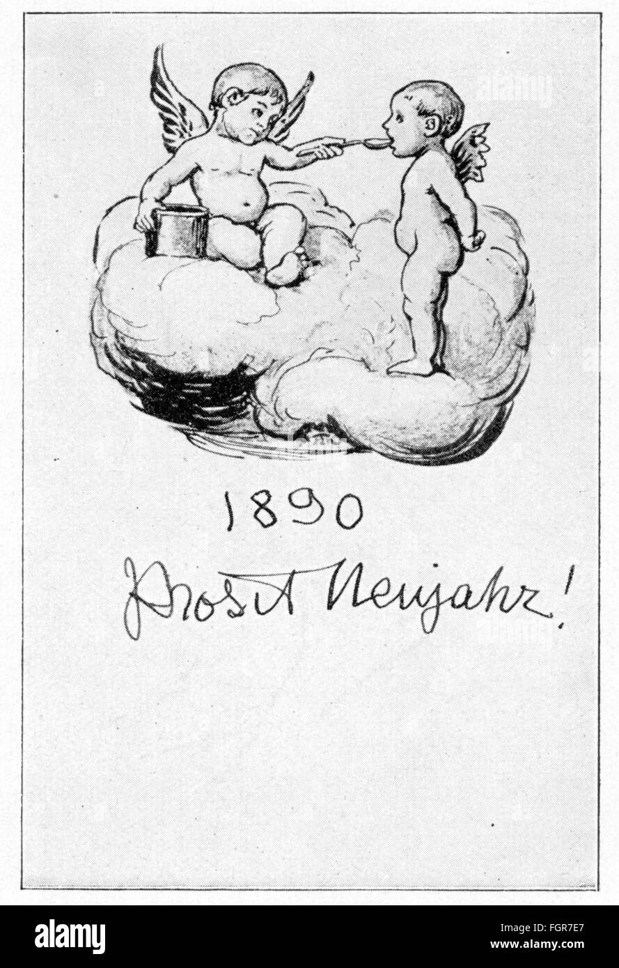 Festa, Capodanno, 'Prosit Neujahr' (Felice anno nuovo), biglietto d'auguri di Hans Thoma (1839 - 1924), 1890, diritti aggiuntivi-clearences-non disponibile Foto Stock