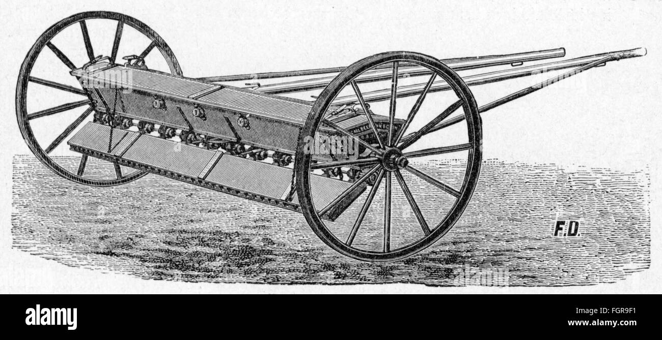 Agricoltura, macchine, trasmissione di sementi di Beermann, incisione del legno, da: Buch der Erfindungen, Gewerbe und Industrien, casa editrice otto Samer, Lipsia - Berlino, 1864 - 1867, diritti aggiuntivi-non disponibili Foto Stock