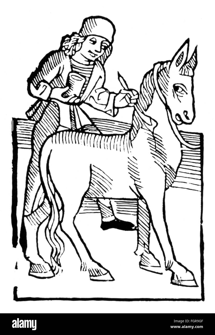 Agricoltura, cavalli, contadino che vettano il suo cavallo, taglio di legno, da: Petrus de Crescentis (1230 / 1233 - 1320 / 1321), 'Ruralia adoata', stampa: Peter Drach, Speyer, 1493, diritti-aggiuntivi-clearences-non disponibile Foto Stock