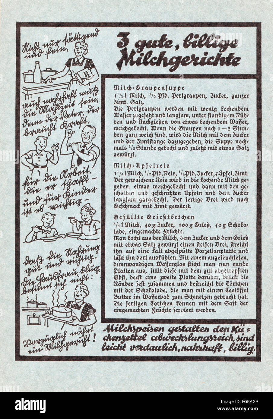 Cibo, latte, '3 buoni pasti a base di latte', da: 'Bilderatlas zu den bayerischen Lesebüchern' (Atlante delle immagini dei Storybooks bavaresi), 1° numero, favole, titolo posteriore, editore: Bayerische Milchversorgung, Norimberga, stampa: F.Bruckmann AG, Monaco, anni '30, diritti aggiuntivi-clearences-not available Foto Stock