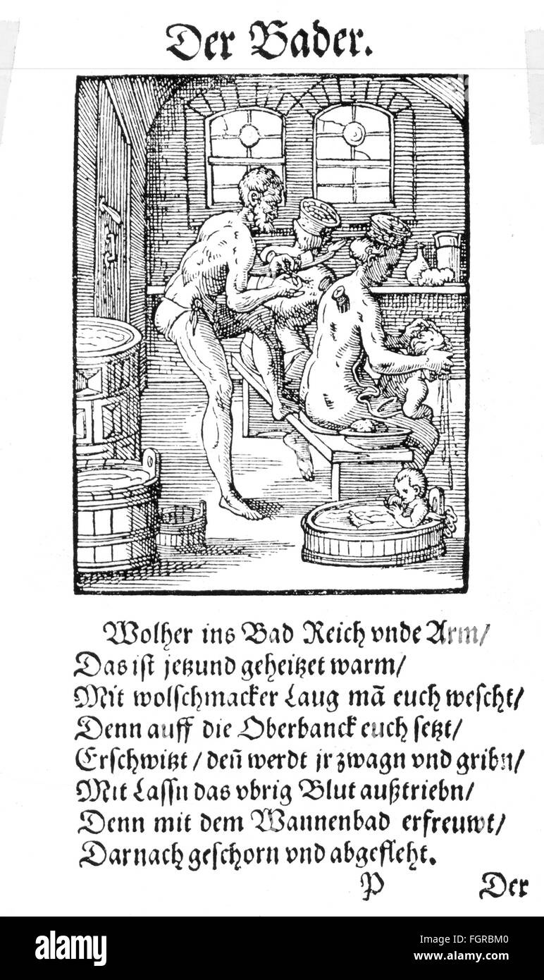 Persone, professioni, barbiere chirurgo, taglio di legno di Jost Amman (1539 - 1591), da: Libro delle classi, con versi di Hans Sachs, Francoforte, 1568, diritti aggiuntivi-clearences-non disponibile Foto Stock