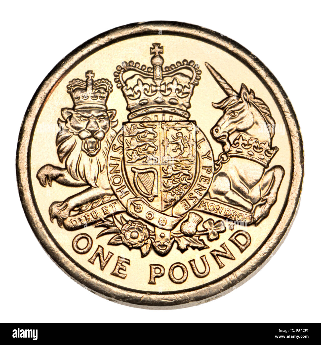 Reverse del 2015 British £1 libbra di moneta che mostra la stemma reale del Regno Unito con Lion e Unicorn Foto Stock