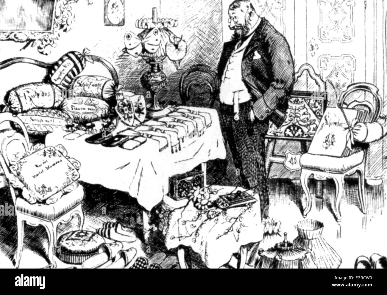 Medicina, caricatura, 'l'appartamento di un popolare ginecologo dopo natale', disegno di Theodor Grätz (1859 - 1947), su: 'Fliegende Blaetter', Monaco, circa 1900, diritti aggiuntivi-clearences-non disponibile Foto Stock