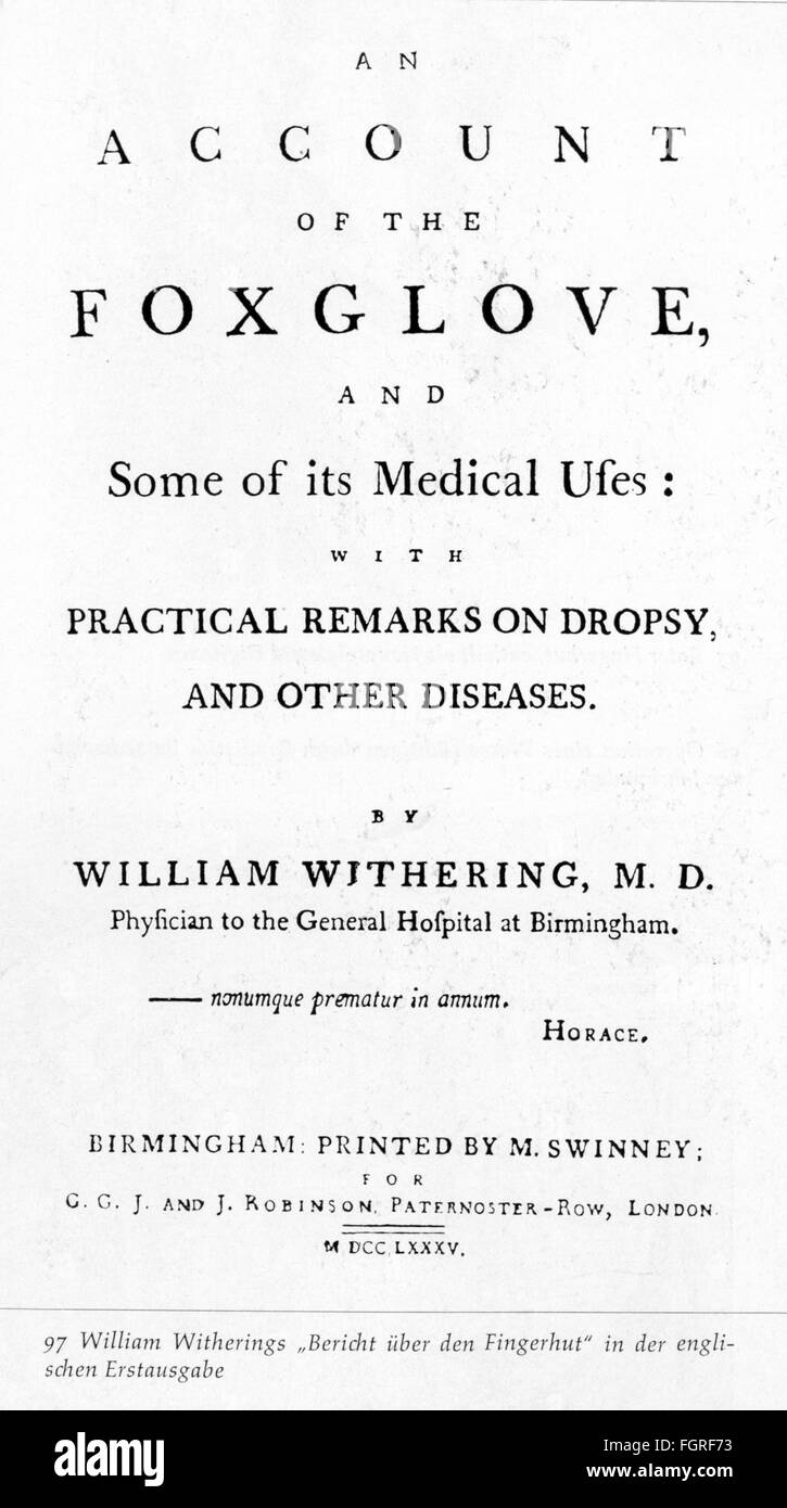Medicina, libri di testo, 'An account of the Foxglove' di William witering (1741 - 1799), titolo, prima edizione, Birmingham, 1785, Additional-Rights-Clearences-Not Available Foto Stock