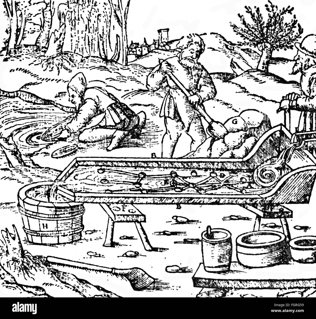 Rondelle metalliche, dorate, dorate, dopo disegno di Blasius Weffring, in legno di Hans Rudolf Manuel Deutsch (1525 - 1571), su: Georgius agricola (1494 - 1555), 'de re metallica libri XII', Basel, 1556, , diritti-aggiuntivi-non disponibili Foto Stock