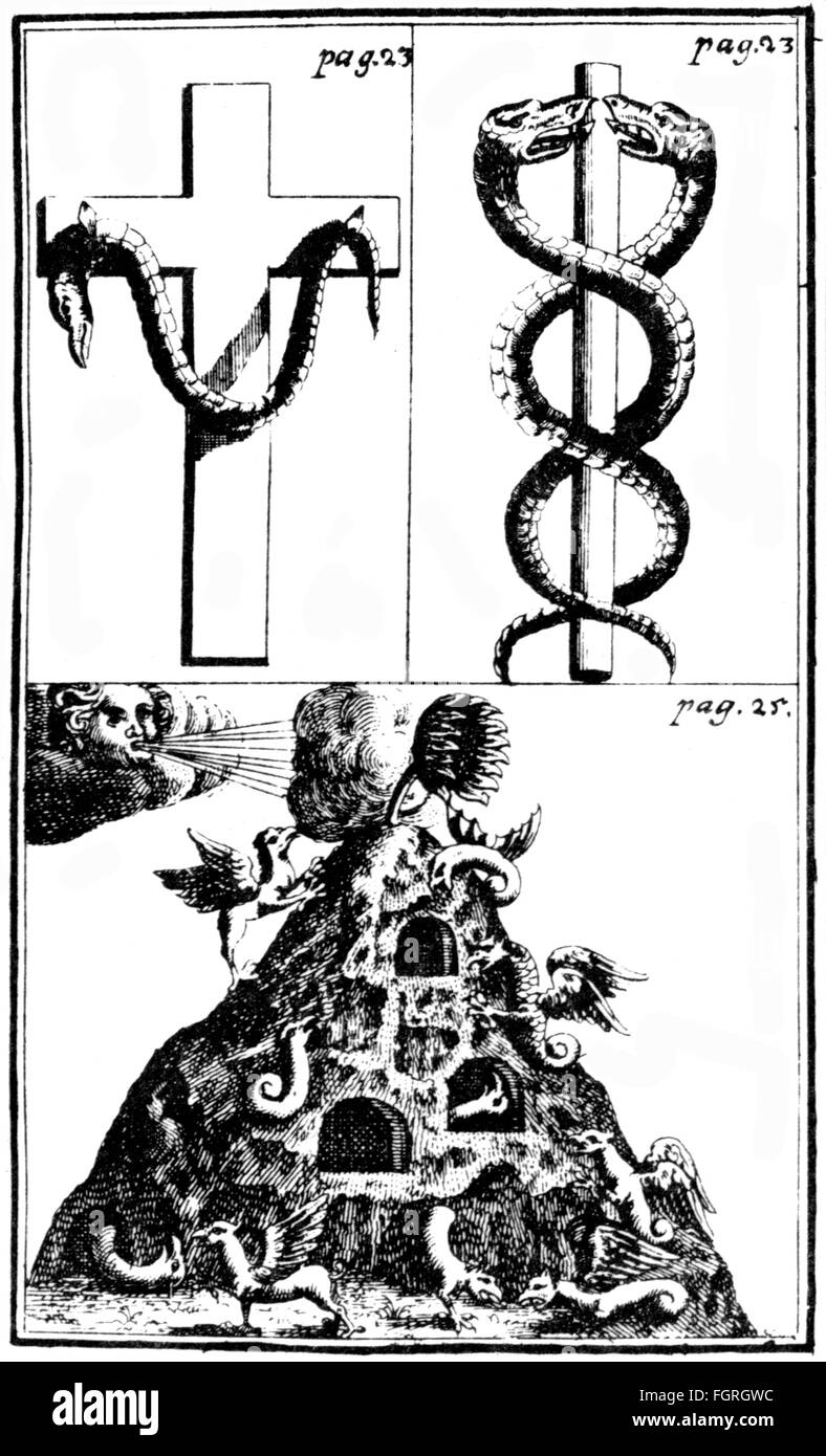 Alchimia, geroglifica figure, simboli di mercurio, incisione su rame, fuori: Nicolas Flamel (circa 1330 - 1418), 'Chymische Werke', Amburgo, 1681, artista del diritto d'autore non deve essere cancellata Foto Stock
