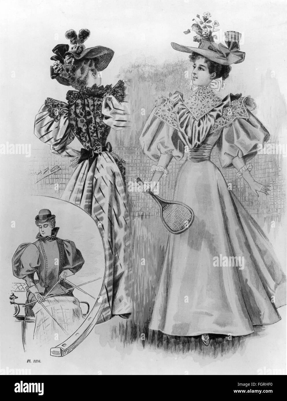 Moda, inizio 20 ° secolo / fine del secolo, vestiti per tennis e gite in pullman, incisione in legno, circa 1900, diritti aggiuntivi-clearences-non disponibile Foto Stock