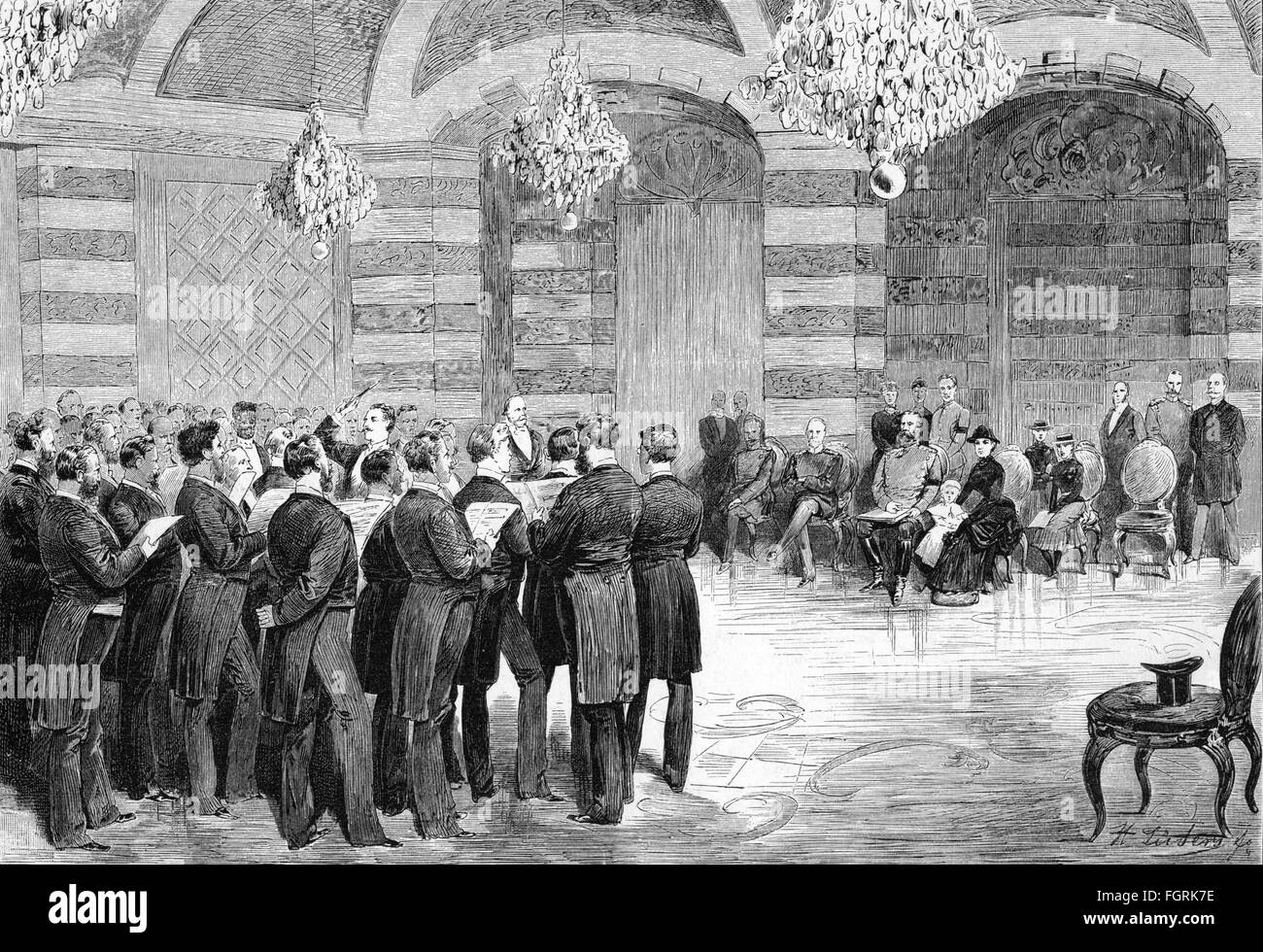 Musica, musica vocale, cori, serenata della società corale maschile di Strasburgo prima della famiglia del principe ereditario, Palazzo nuovo, Potsdam, incisione in legno dopo disegno di Hermann Lueders, 1883 / 1884, diritti aggiuntivi-clearences-non disponibile Foto Stock