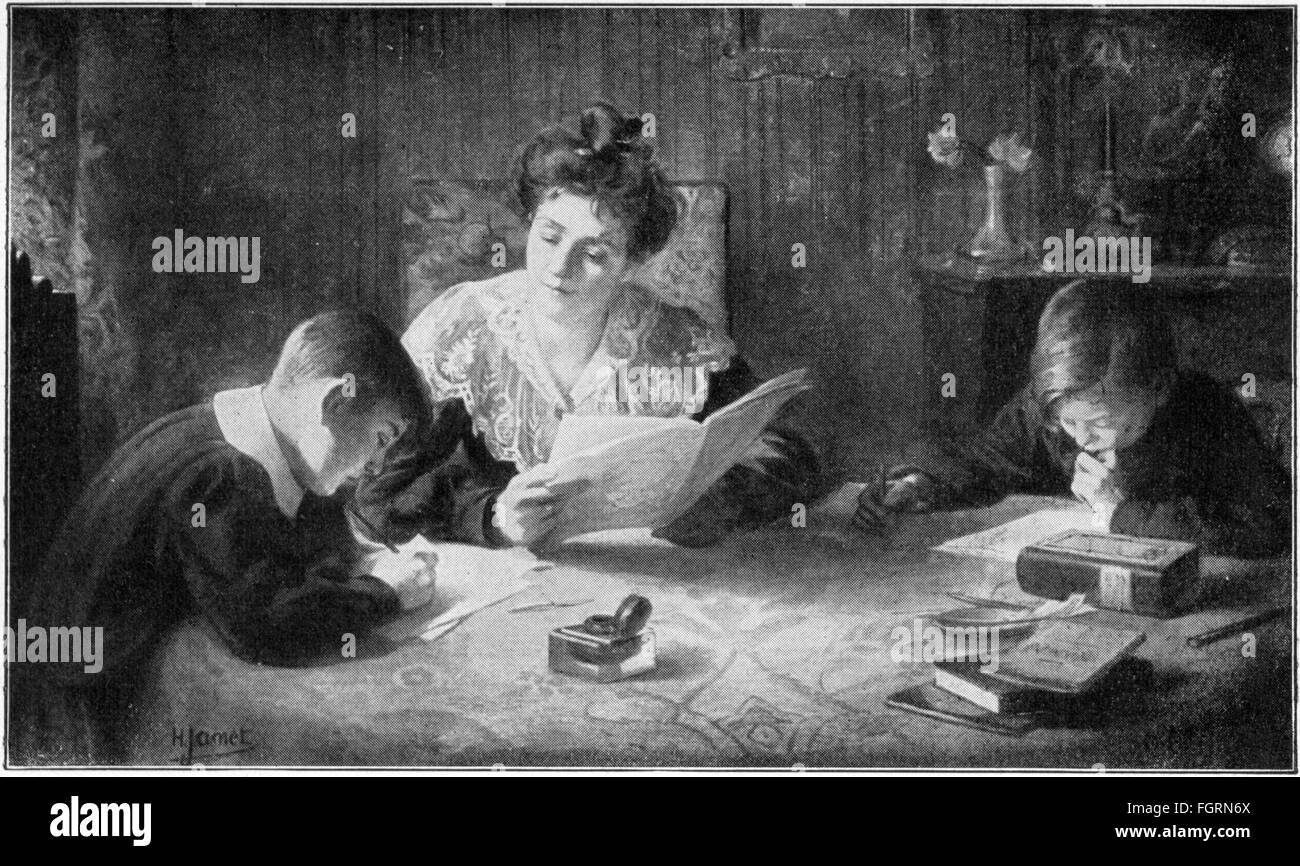 Pedagogia, scuola / lezioni / disciplina, compiti, pittura di Henri Jamet (1858 - 1921), 19 ° secolo, 19 ° secolo, arte di pittura, belle arti, arte, genere pittura, genere opere, scene, mezza lunghezza, seduta, seduta, madre, madri, figli, figlio, tavolo, tavoli, imparare, imparare, scrivere, famiglia, famiglie, pedagogia, pedagogia, educazione, scuola, scuole, Lezioni, lezioni, compiti, compiti, fare i compiti, storico, storico, donna, donne, donna, maschio, ragazzo, ragazzi, bambino, bambini, persone, diritti aggiuntivi-clearences-non disponibile Foto Stock