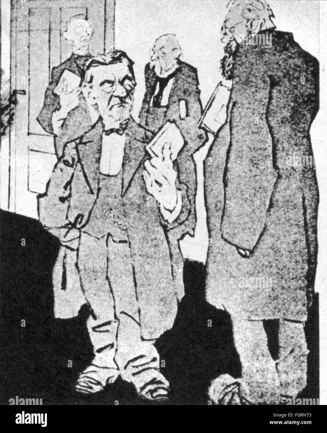 Pedagogia, caricatura, 'Die alte Schule' (la vecchia scuola), disegno di Eduard Thöny (1866 - 1950), su: 'Simplicissimus', 18esimo volume, numero 49, Monaco, 2.3.1914, diritti aggiuntivi-clearences-non disponibili Foto Stock