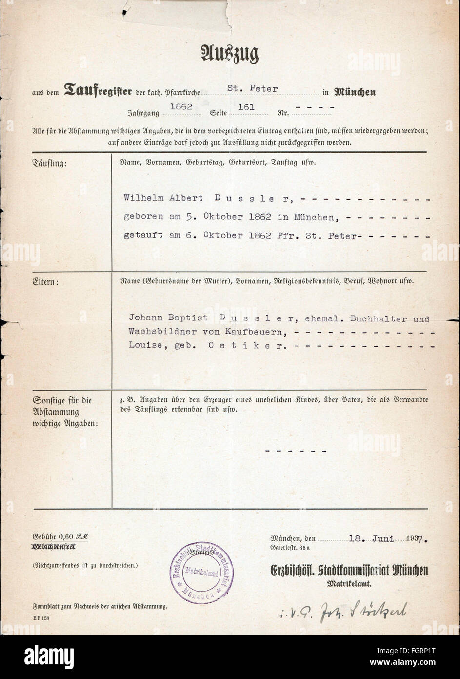 Documenti,estratto del registro parrocchiale di San Pietro chiesa parrocchiale,bambino battezzato,Wilhelm Albert Dussler,battezzato il 6.10.1862,issude dall'ufficio archivistico della città,Monaco,18.6.1937,1 9 ° secolo,20 ° secolo,30,30,Germania,alta Baviera,religione,religioni,cristianesimo,battesimo,timbro,francobolli,firma,firme,documenti tedeschi di battesimo,Parrocchia non battezzati,documenti aggiuntivi,parrocchia-Arciati,documenti disponibili,documenti di battesimo,documenti di battesimo,documenti di battesimo,documenti di battesimo,documenti di parrocchia-terzo-fede,documenti disponibili,documenti di battesimo,documenti di battesimo,documenti di parrocchia di battesimo,documenti di battesimo,documenti di battesimo,documenti di battesimo,documenti di parrocchia di battesimo, Foto Stock