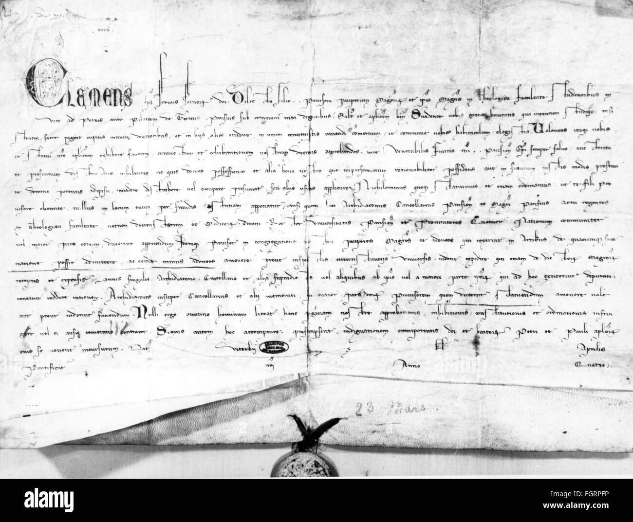 Pedagogia, università, toro di Papa Clemente IV sul riconoscimento della fondazione del consiglio della Sorbona e sull'elezione del suo direttore Viterbo, 23.3.1268, diritti aggiuntivi-clearences-non disponibili Foto Stock