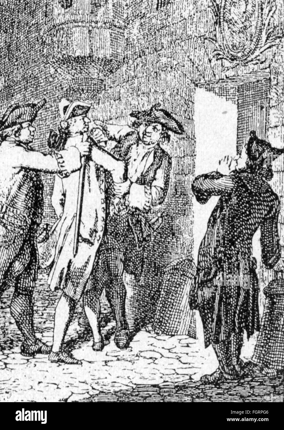 Pedagogia, studenti, 'Veranlassung zu Einsamkeit und Nachdänken' (il confinamento di solitudine e di pensiero), incisione su rame di Daniel Chodowiecki (1726 - 1801), al di fuori della serie 'illustrazioni di un rastrello la vita', fuori: "Berliner Genealogischer calandra', Berlino, 1774, artista del diritto d'autore non deve essere cancellata Foto Stock