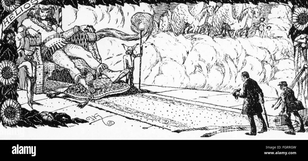 Fotografia, caricatura, fotografo che chiede assistenza a Dio Helios, disegno di Jan Konupek (1883 - 1950), 1909, diritti aggiuntivi-clearences-non disponibile Foto Stock