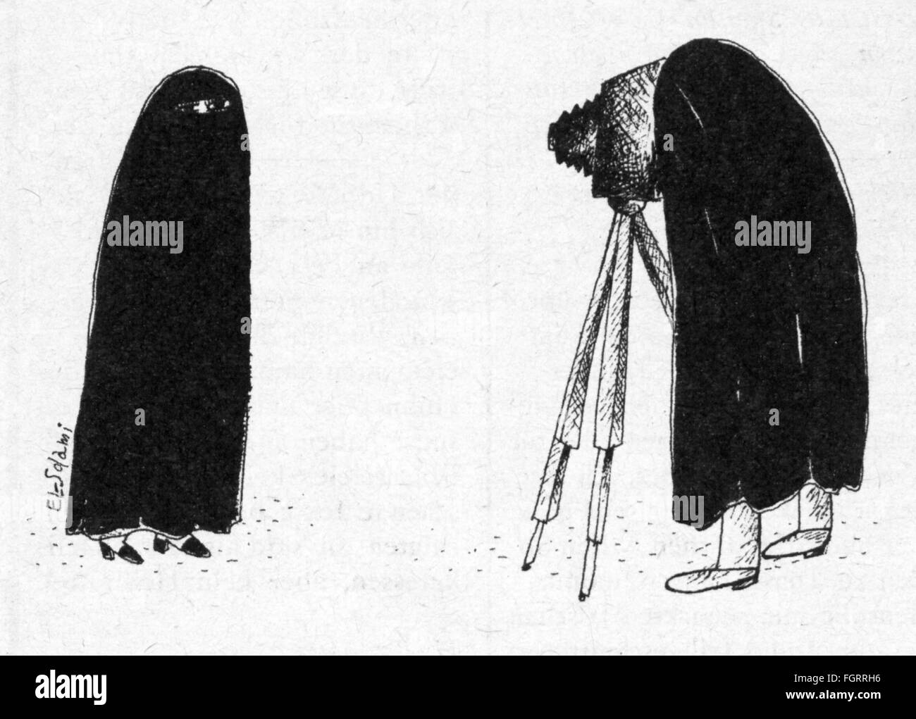 Fotografia, caricatura, fotografo fotografare una donna che indossa burqa, disegno di Nabil el Solami, su: 'Neue Berliner Illustrierte', numero 25, Berlino, 1980, diritti-aggiuntivi-clearences-not available Foto Stock