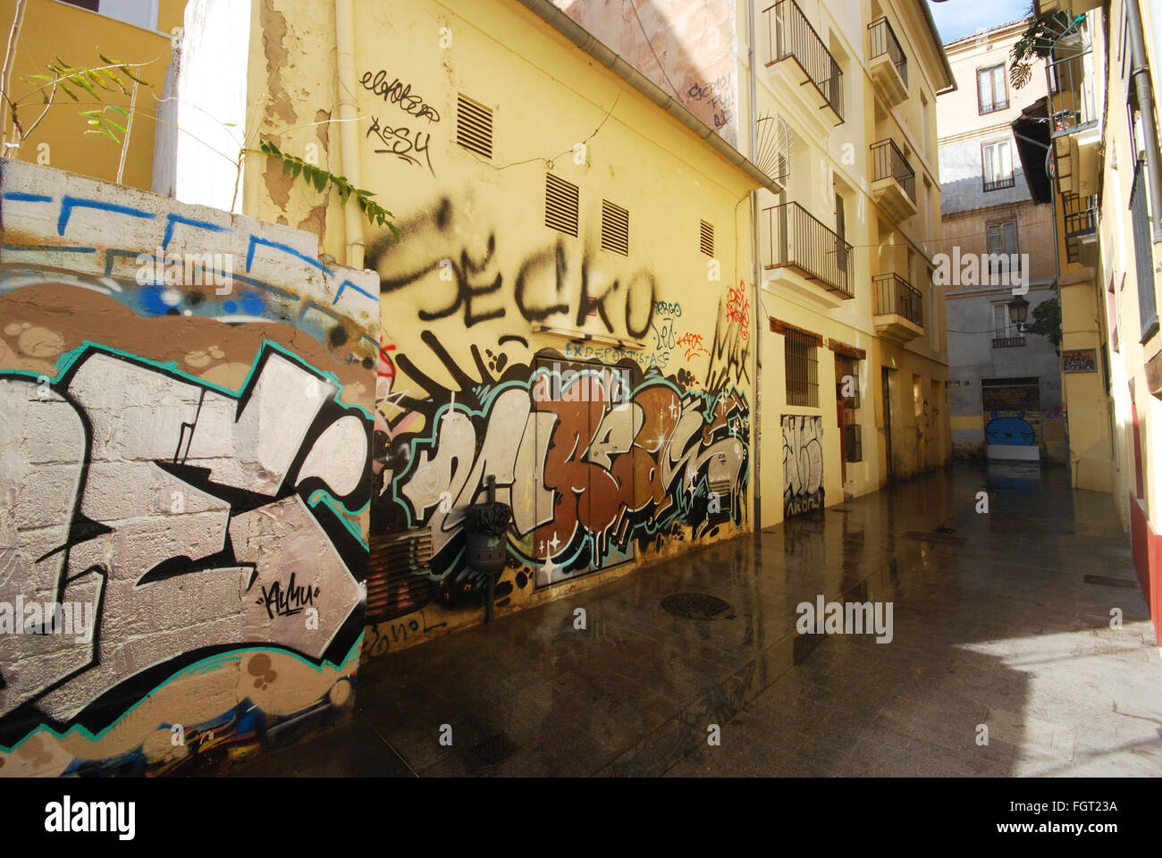 Graffiti pareti coperte in Barrio del Carmen, Valencia Spagna Foto Stock