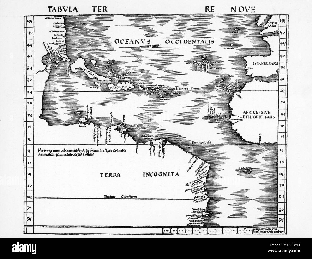 Cartografia, mappa, America, Caraibi, isole Isabella e Spagnolla, incisione in rame, 'Tabula Terre nove', di Martin Waldapparueller, Strasburgo, 1513, diritti-aggiuntivi-clearences-non disponibile Foto Stock