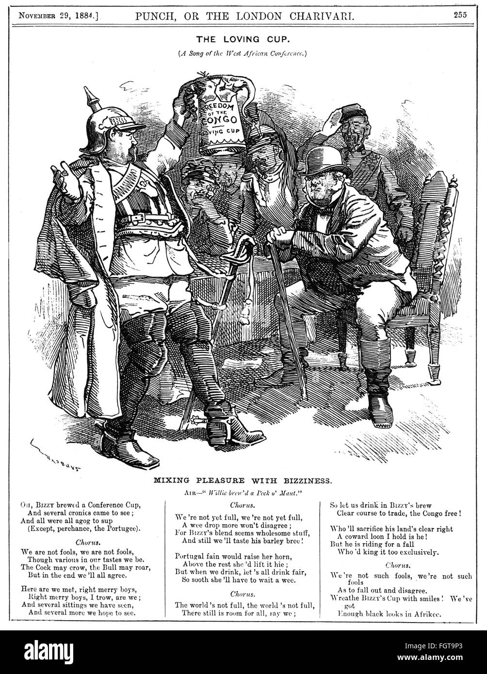 Politica, conferenza, Conferenza del Congo 1884 - 1885, caricatura, 'The Loving Cup: A Song of the West African Conference', disegno, 'Punch', Londra, 29.11.1884, Additional-Rights-Clearences-Not Available Foto Stock