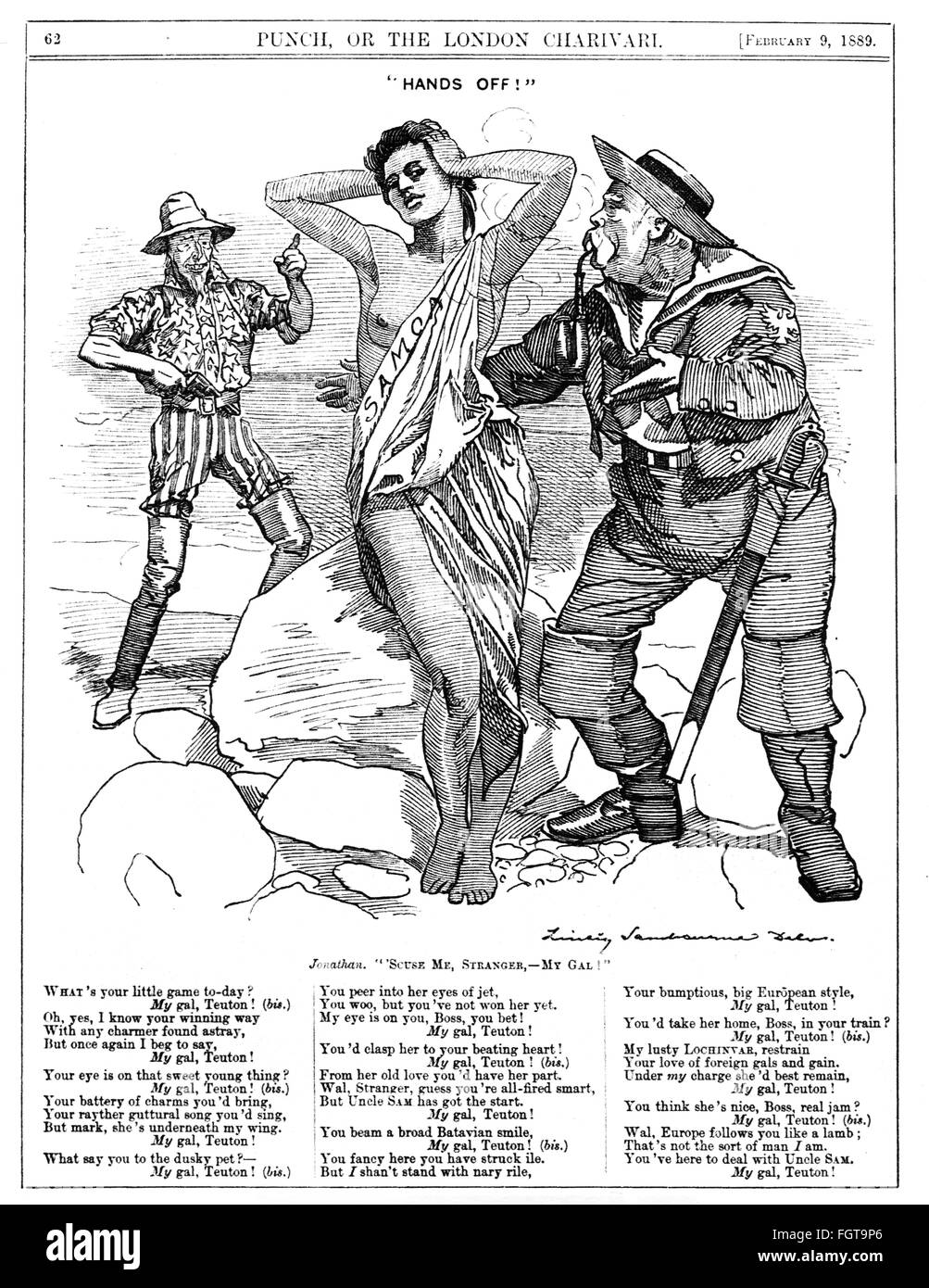 Politica, politica coloniale, caricatura, Jonathan non ama l'avanzamento di Bismarck verso la ragazza Samoa, 'mani fuori!', disegno, 'Punch', Londra, 9.2.1889, Additional-Rights-Clearences-Not Available Foto Stock