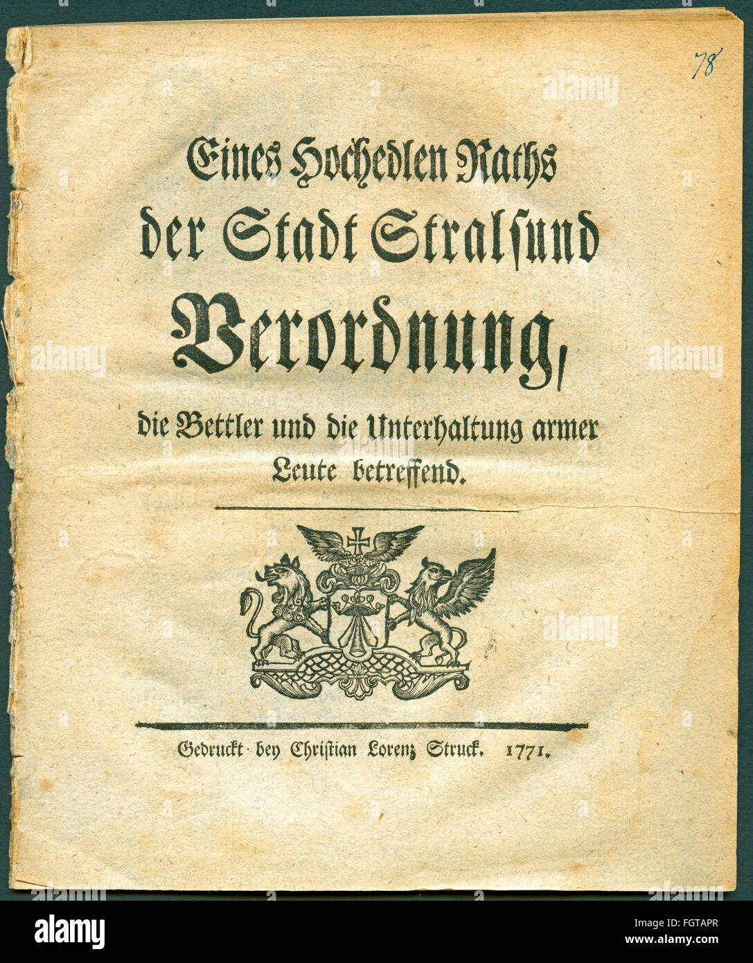 Documenti, Germania, Meclemburgo-Pomarania occidentale, Stralsund, Ordine del consiglio sui poveri della città, pubblicato il 1771, dimensioni da 17 cm a 20 cm , diritti-aggiuntivi-non disponibili Foto Stock