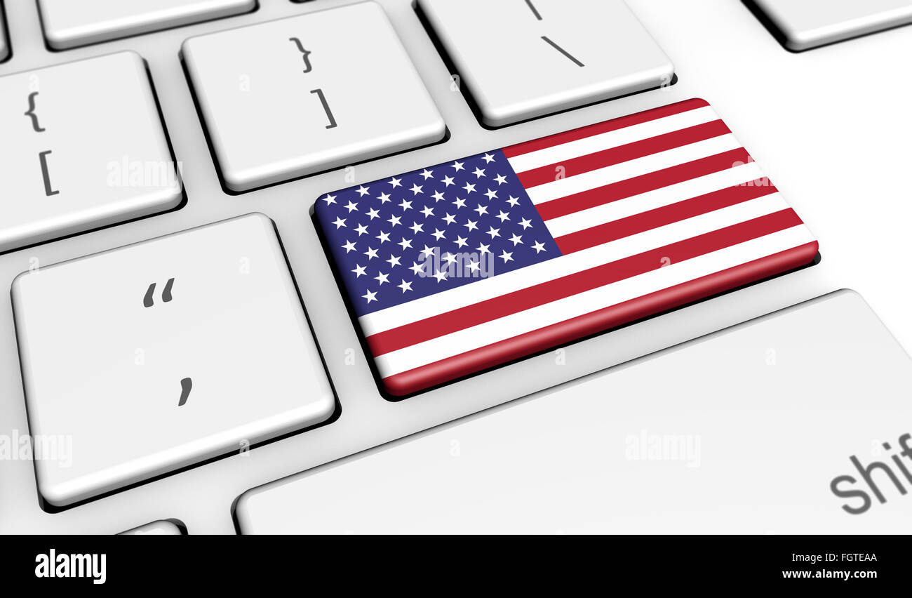 Stati Uniti d'America la digitalizzazione e l'uso delle tecnologie digitali concetto con la bandiera statunitense su una chiave del computer. Foto Stock