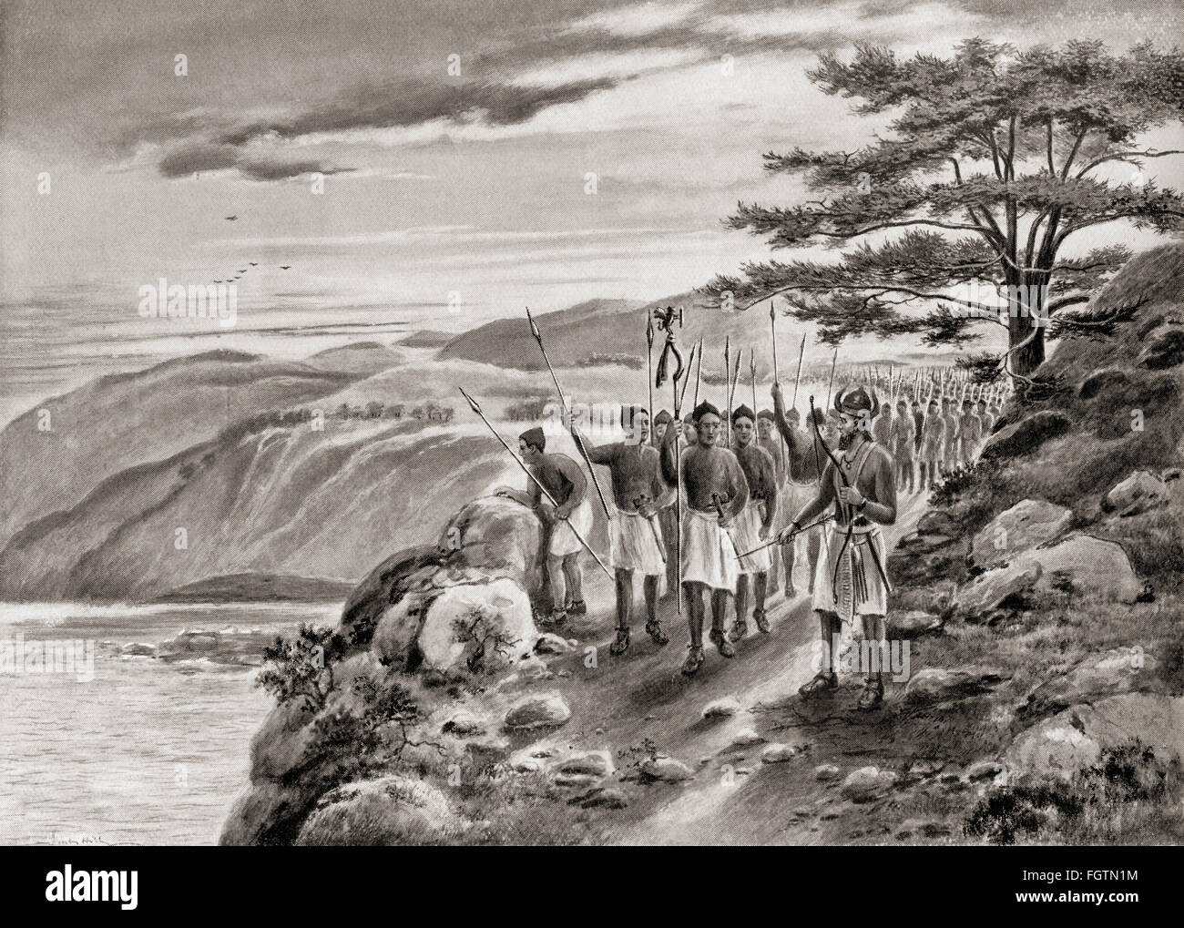 Sargon di Akkad aka Sargon il grande portando il suo esercito lungo la strada costiera nella Siria settentrionale, un semita accadico imperatore egli era noto per la conquista della città sumerica-membri nel ventiquattresimo e il ventitreesimo secolo A.C. Foto Stock