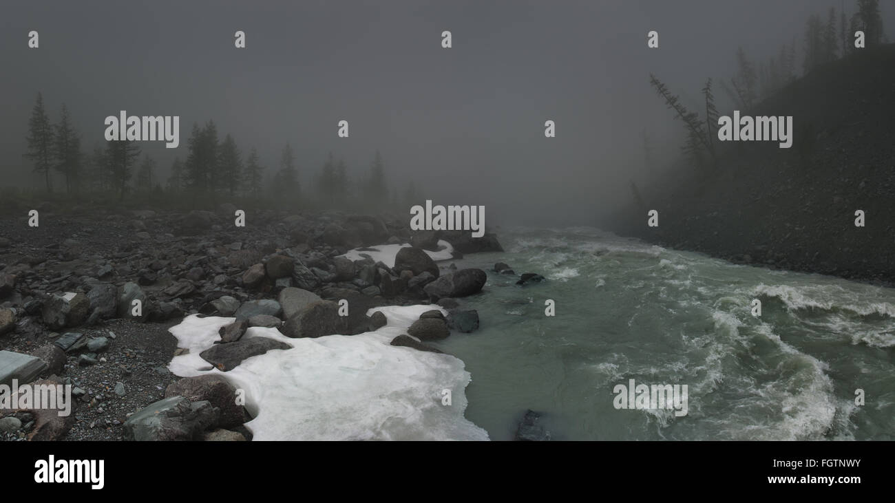 La nebbia paesaggio con fiume di montagna Foto Stock