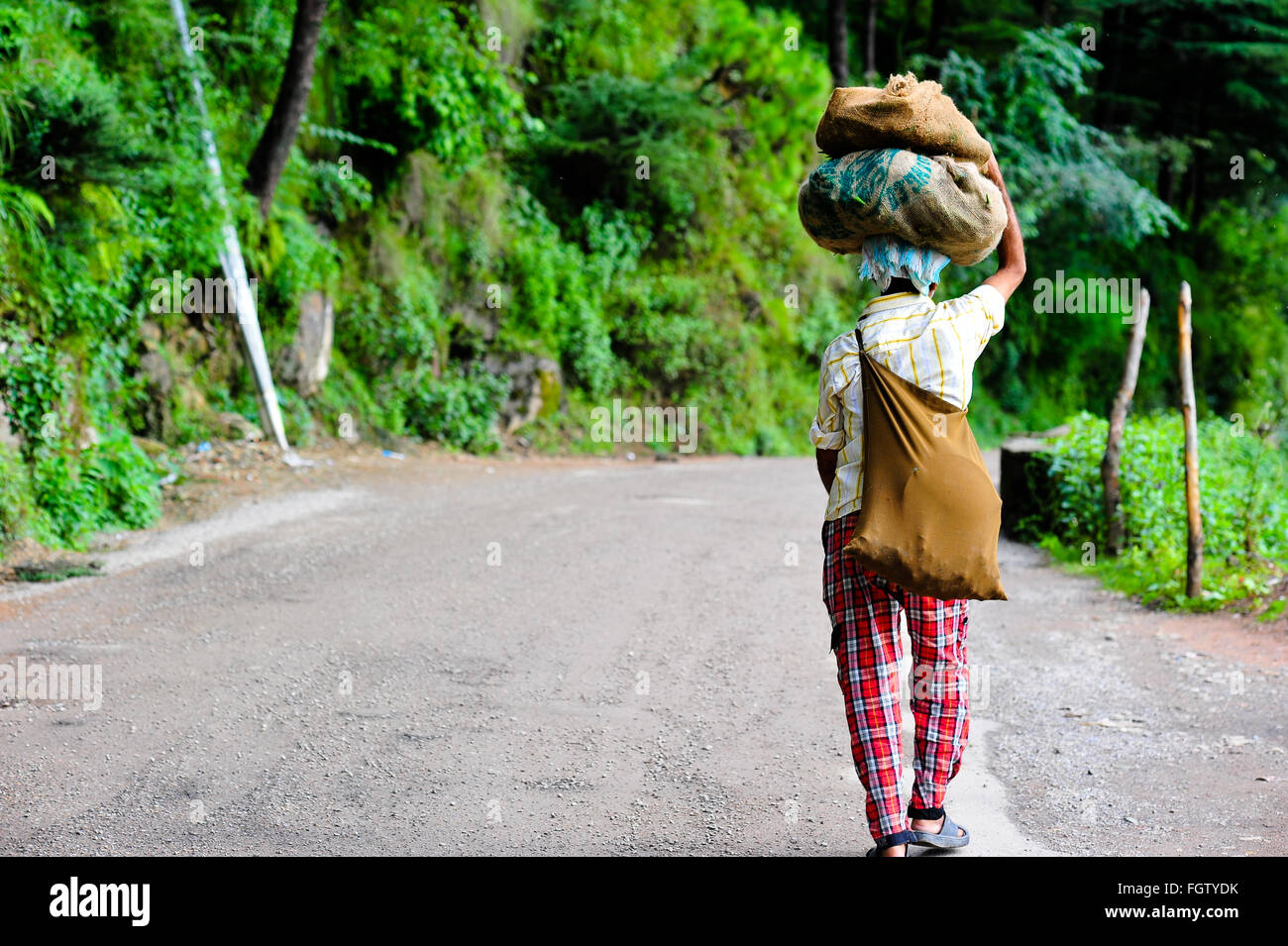 Un uomo indiano a piedi, arrampicata in una strada forestale che porta sacchi pesanti sulla sua testa Foto Stock