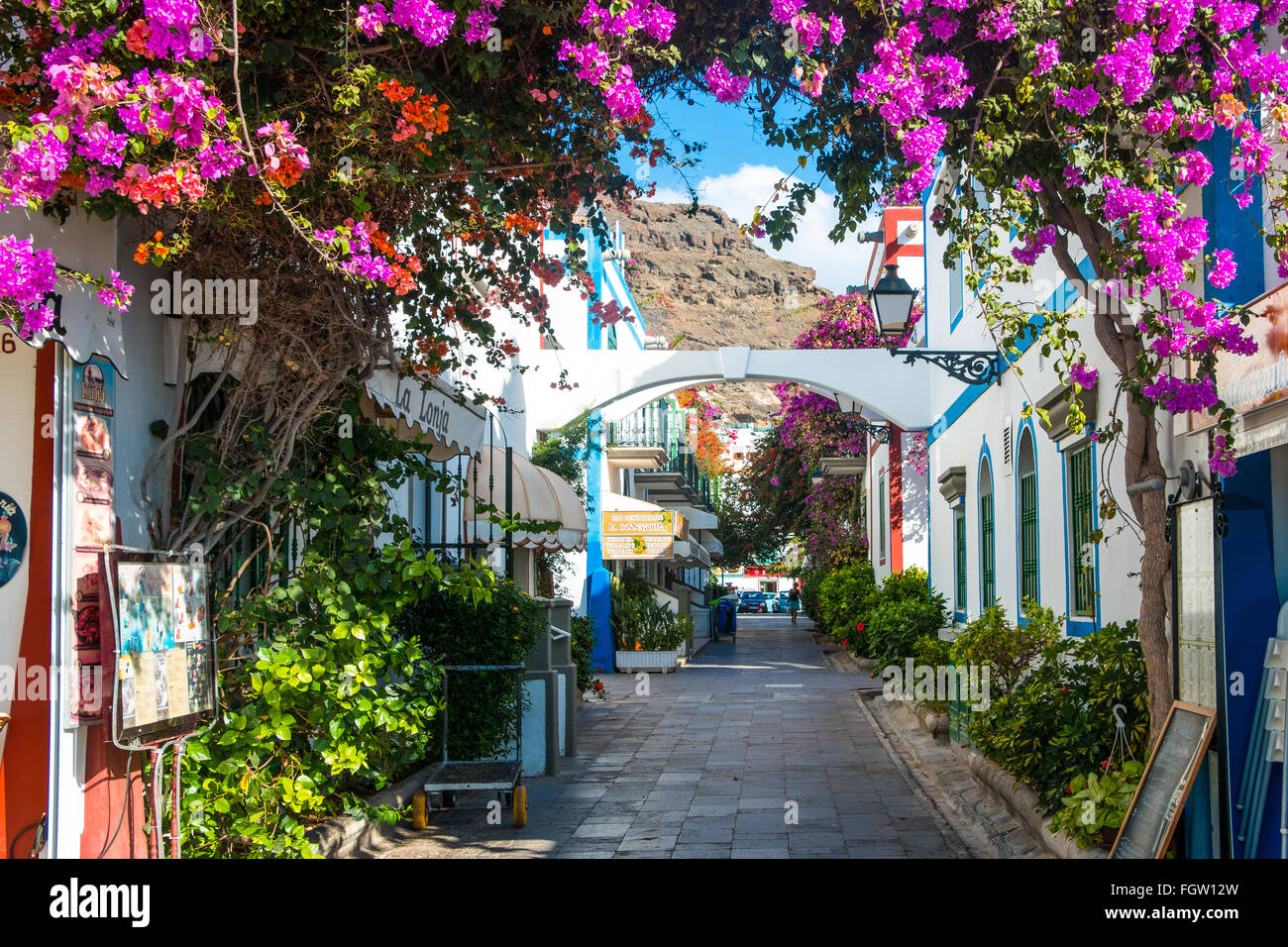 Strade strette e case di villaggio decorato con fiori, Puerto de Mogan, Gran Canaria, Isole Canarie, Spagna, Europa Foto Stock