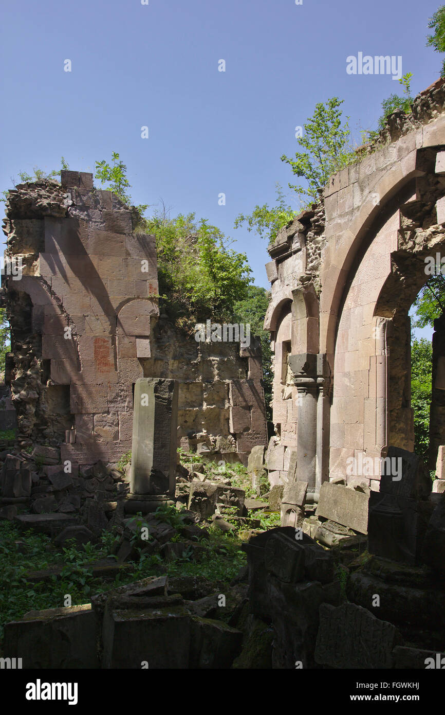 Rovina ricoperta di Surp Grigor Bardzrakash Monastero di Dsegh, Debed Canyon, Armenia Foto Stock