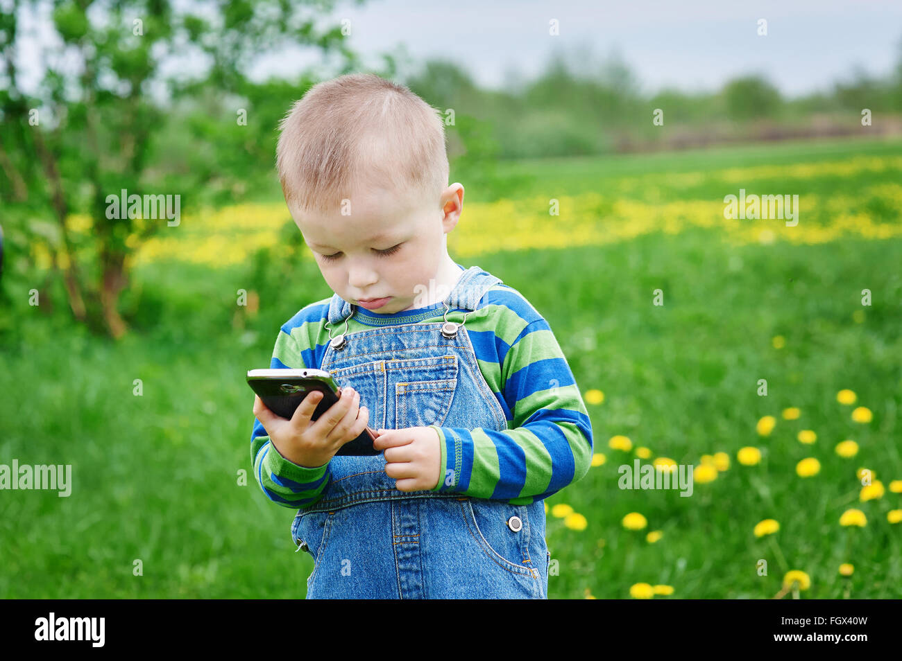 Little Boy guardando uno smartphone su un prato Foto Stock