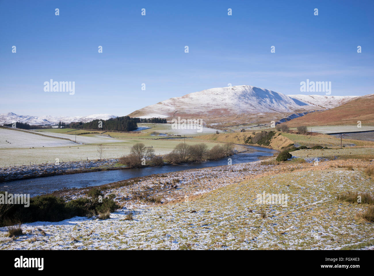 Ettrick acqua in inverno attraverso i confini scozzesi. Scozia Foto Stock