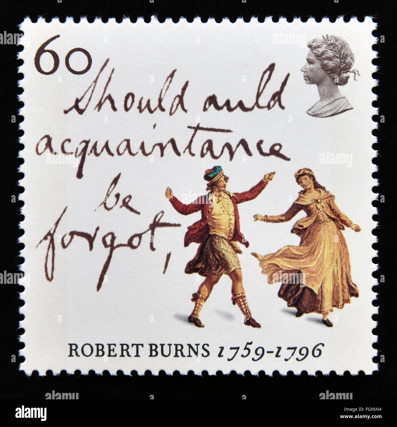 Francobollo. La Gran Bretagna. La regina Elisabetta II. 1996. Centenario della morte di Robert Burns (poeta Scozzese). 1759-1796. Foto Stock