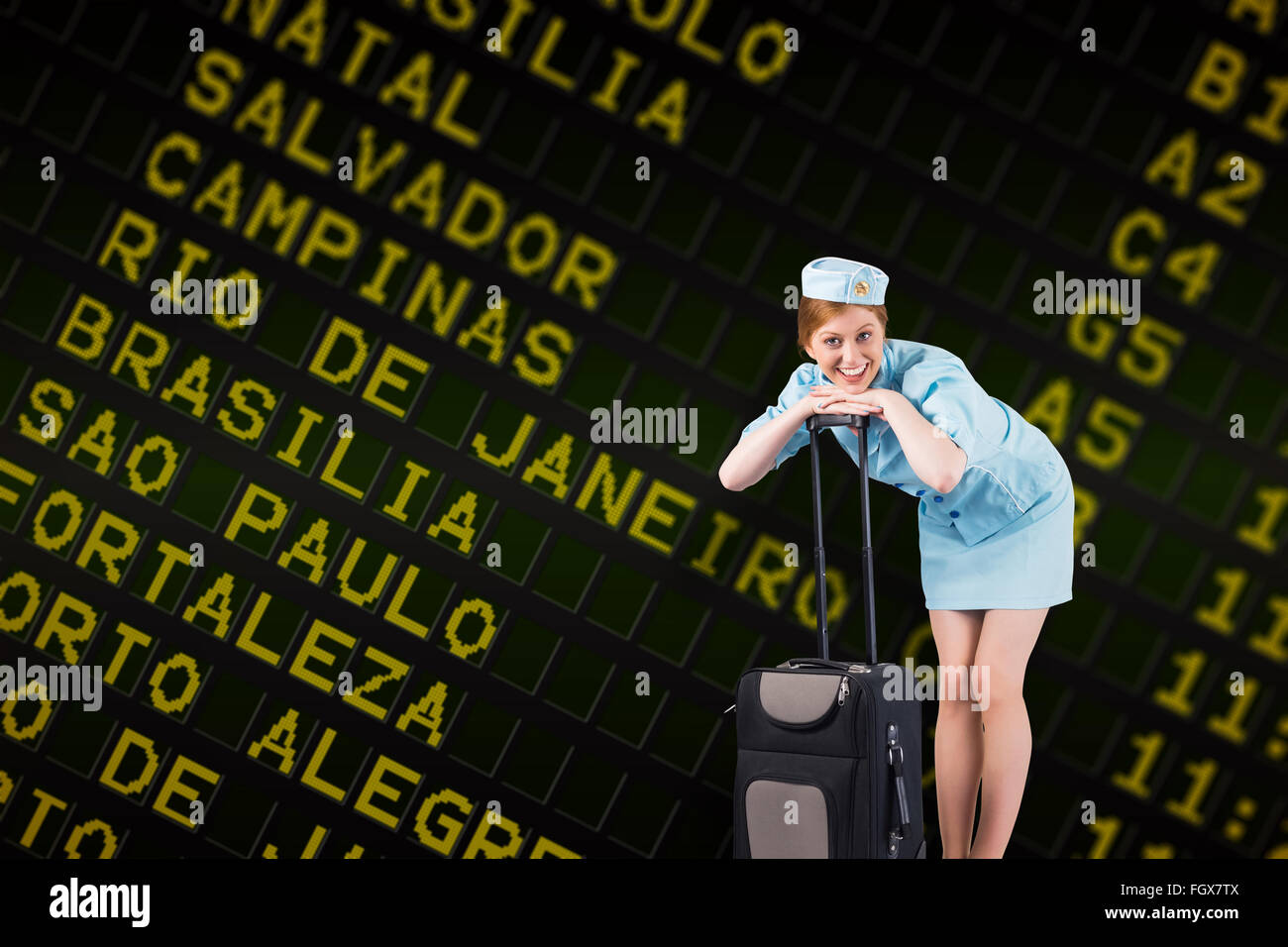 Immagine composita della graziosa hostess sorridente in telecamera Foto Stock