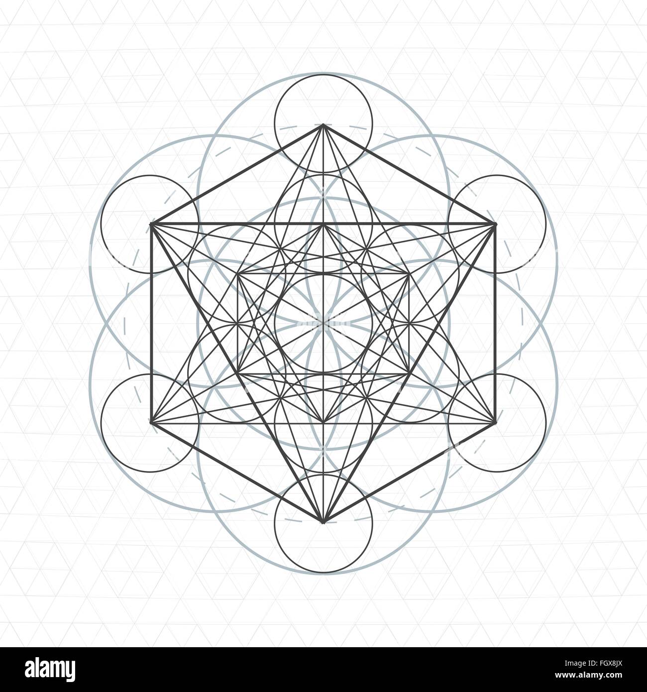 Vector metatron contorno scuro monocromatico geometria sacra decorazione di semi cerchio della vita isolata sfondo bianco Illustrazione Vettoriale