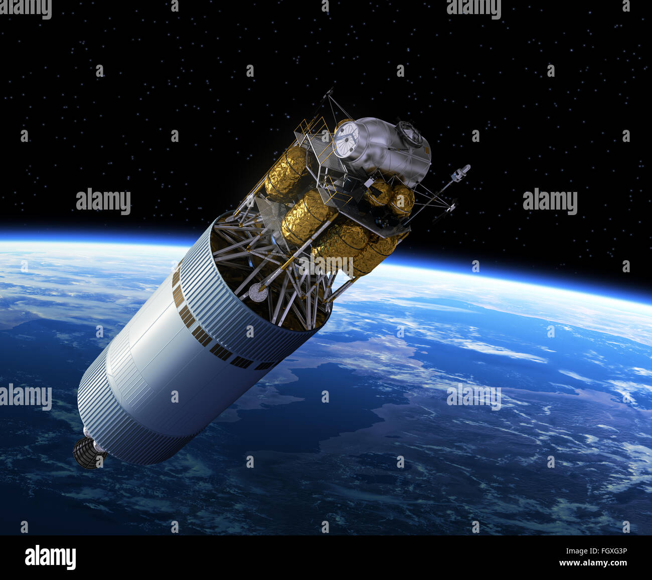 Equipaggio veicolo di esplorazione in orbita intorno alla terra. Scena 3d. Foto Stock