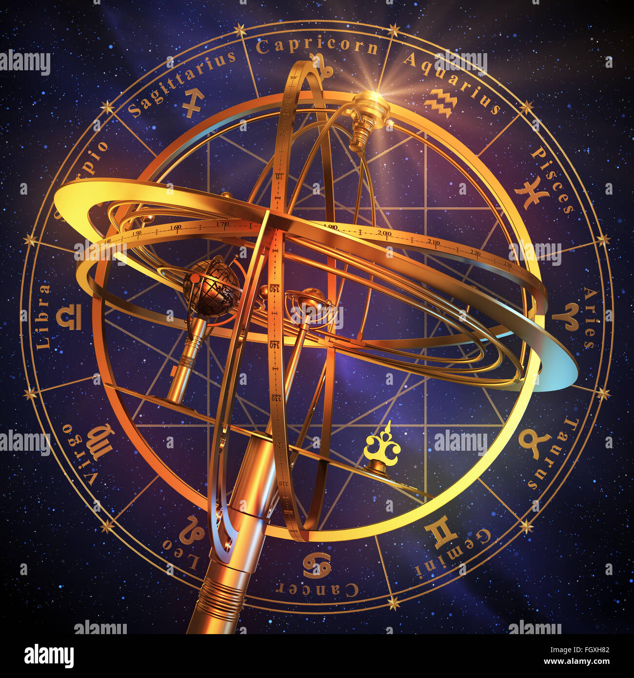 Sfera armillare con i simboli dello Zodiaco su sfondo blu. Scena 3d. Foto Stock