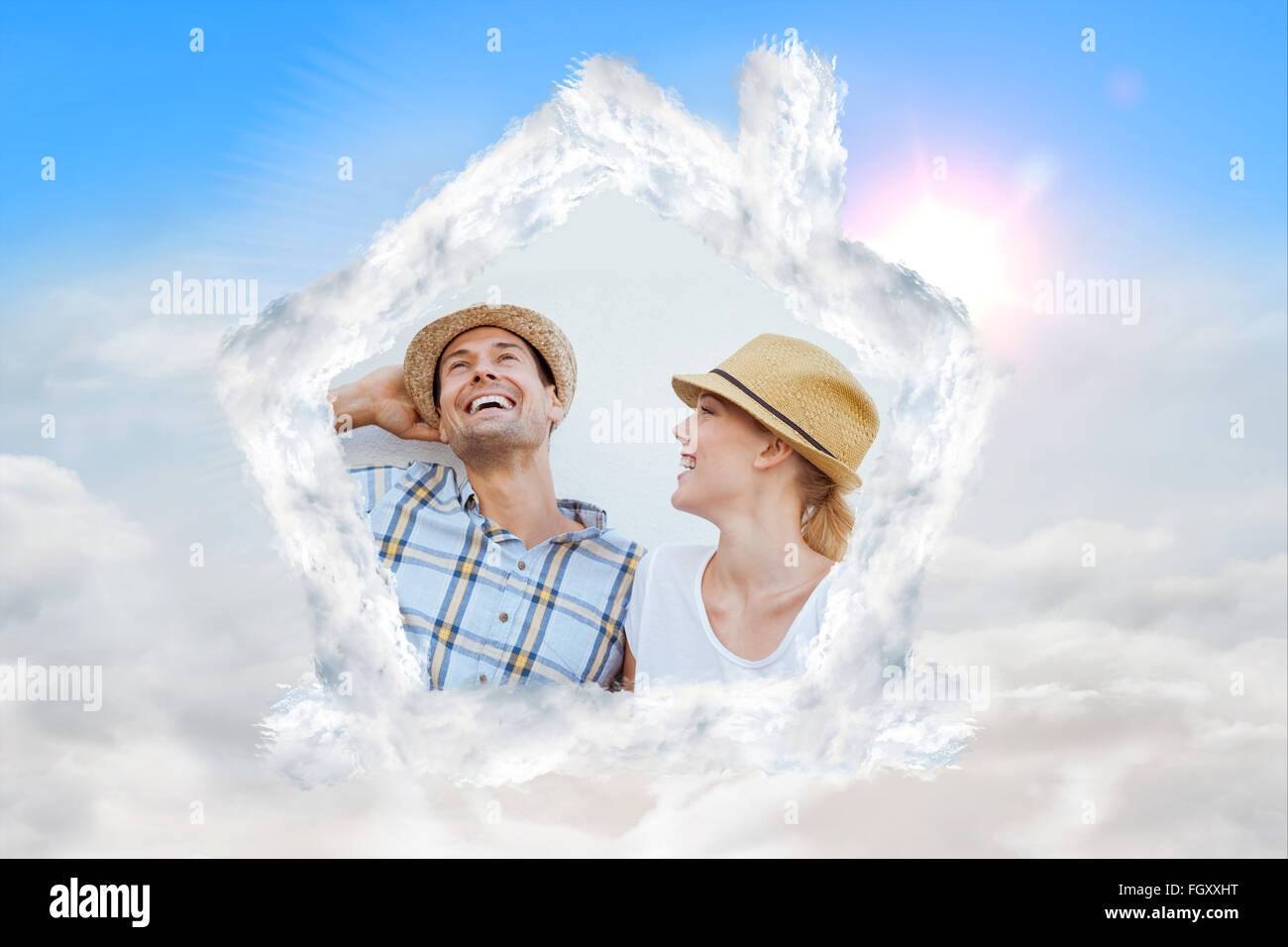 Immagine composita della giovane hip giovane ridere sul banco di lavoro Foto Stock