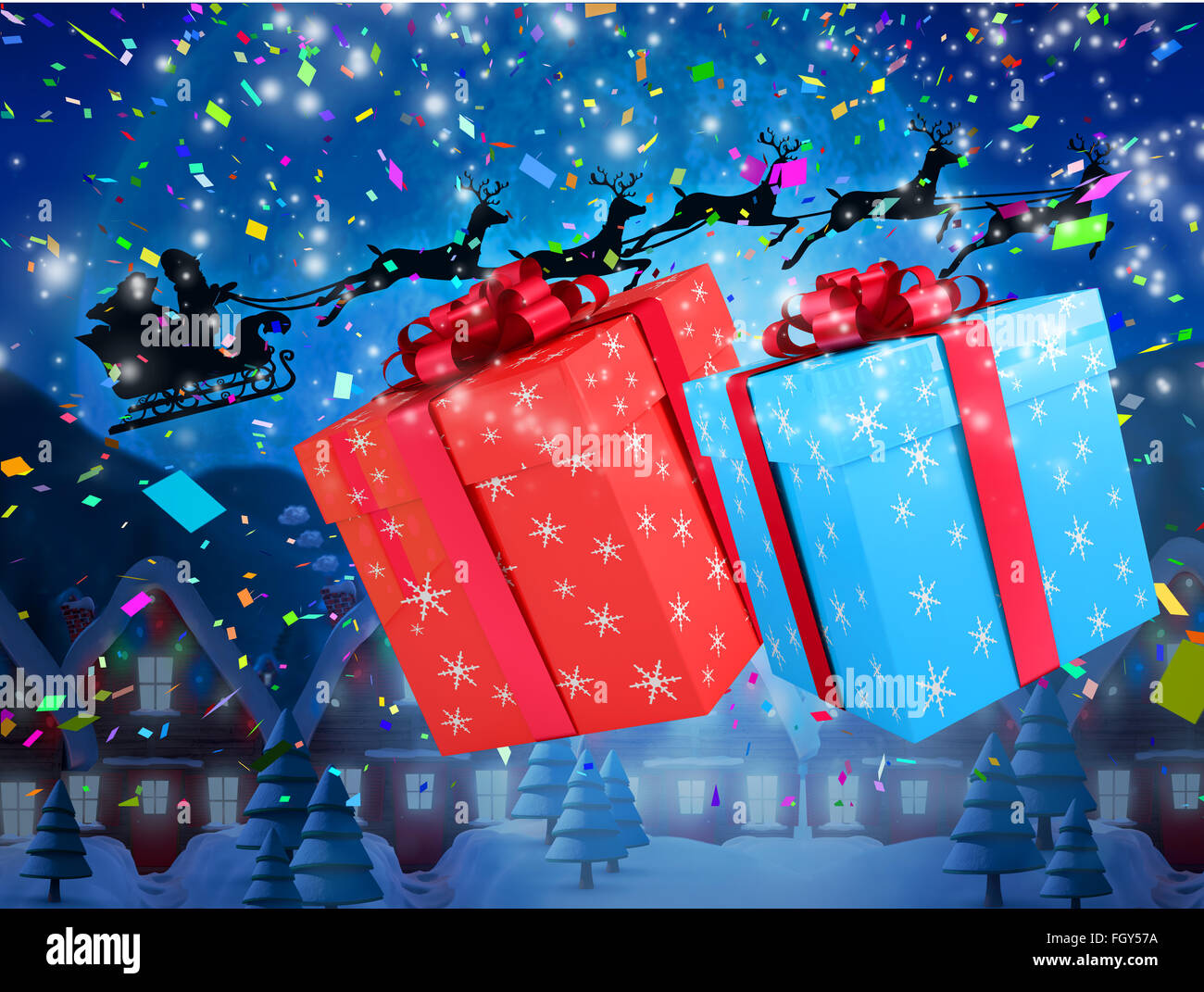 Immagine composita di santa battenti la sua slitta dietro grandi doni Foto Stock