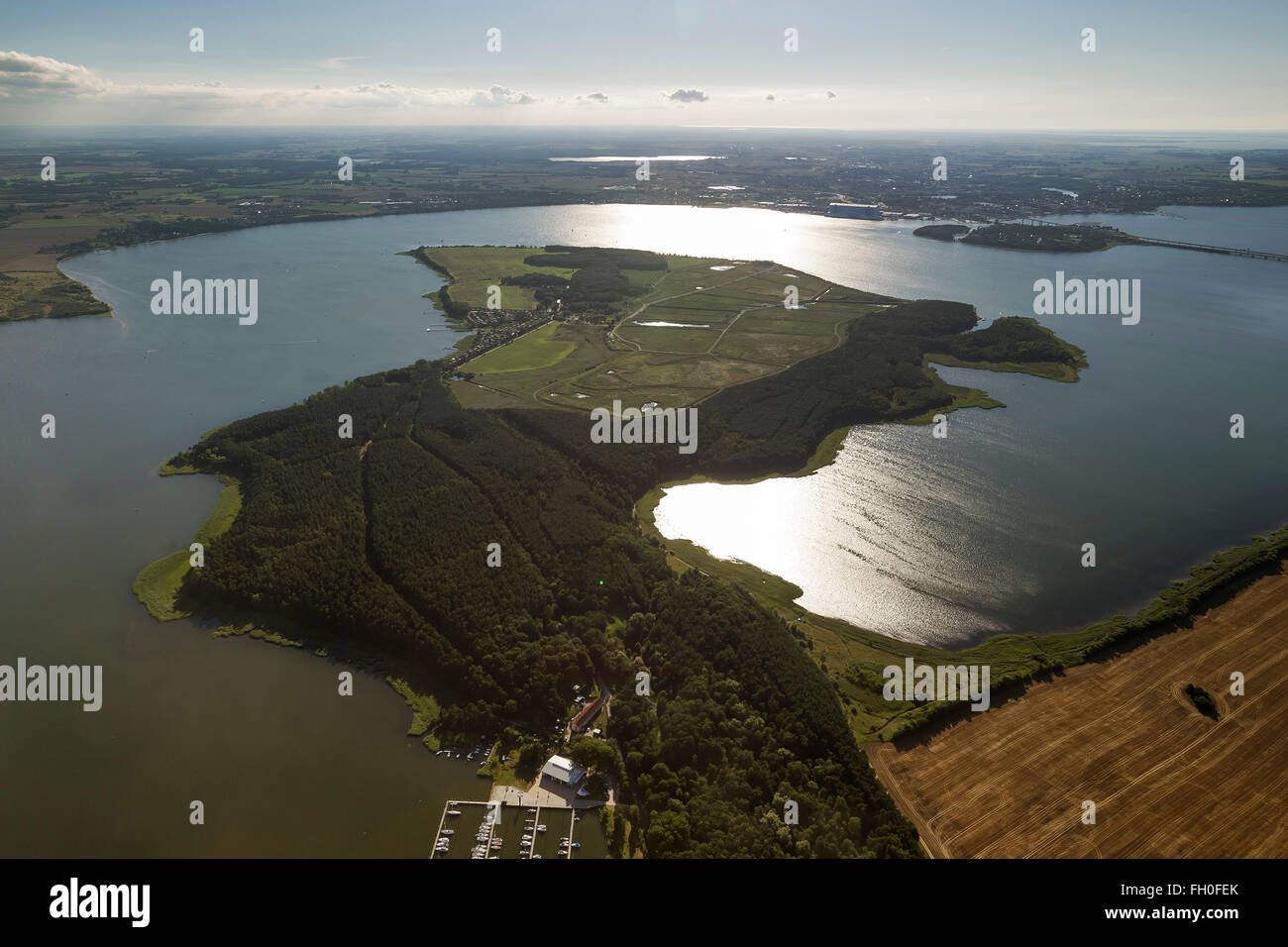 Vista aerea, Penisola Drigge tra Rügen e Stralsund, area di conservazione Wamper, Gustow, Rügen, Mar Baltico, Foto Stock